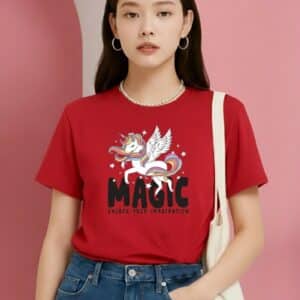 Women Graphic Print, Typography, Printed, Cartoon Round Neck Organic Cotton Red T-Shirt