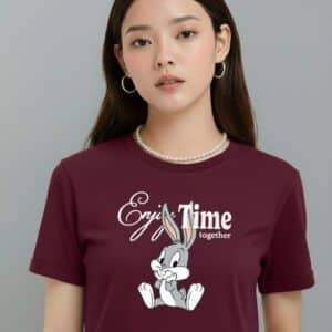 Women Graphic Print, Cartoon, Typography, Printed Round Neck Organic Cotton Maroon T-Shirt